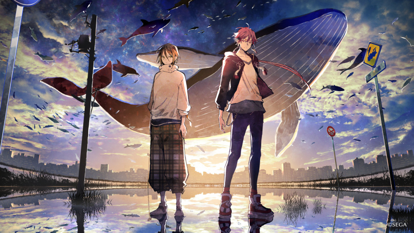 2boys black_jacket blue_pants blue_sky brown_eyes brown_hair closed_mouth clouds cloudy_sky copyright_request fish floating_hair flying_fish flying_whale high_collar hood hood_down hooded_jacket jacket light_smile long_hair looking_at_viewer male_focus multiple_boys nozaki_tsubata open_clothes open_jacket outdoors pants plaid plaid_pants puffy_pants reflection road_sign shirt sign sky socks standing standing_on_liquid sunset unmoving_pattern utility_pole very_long_hair water whale white_legwear white_shirt