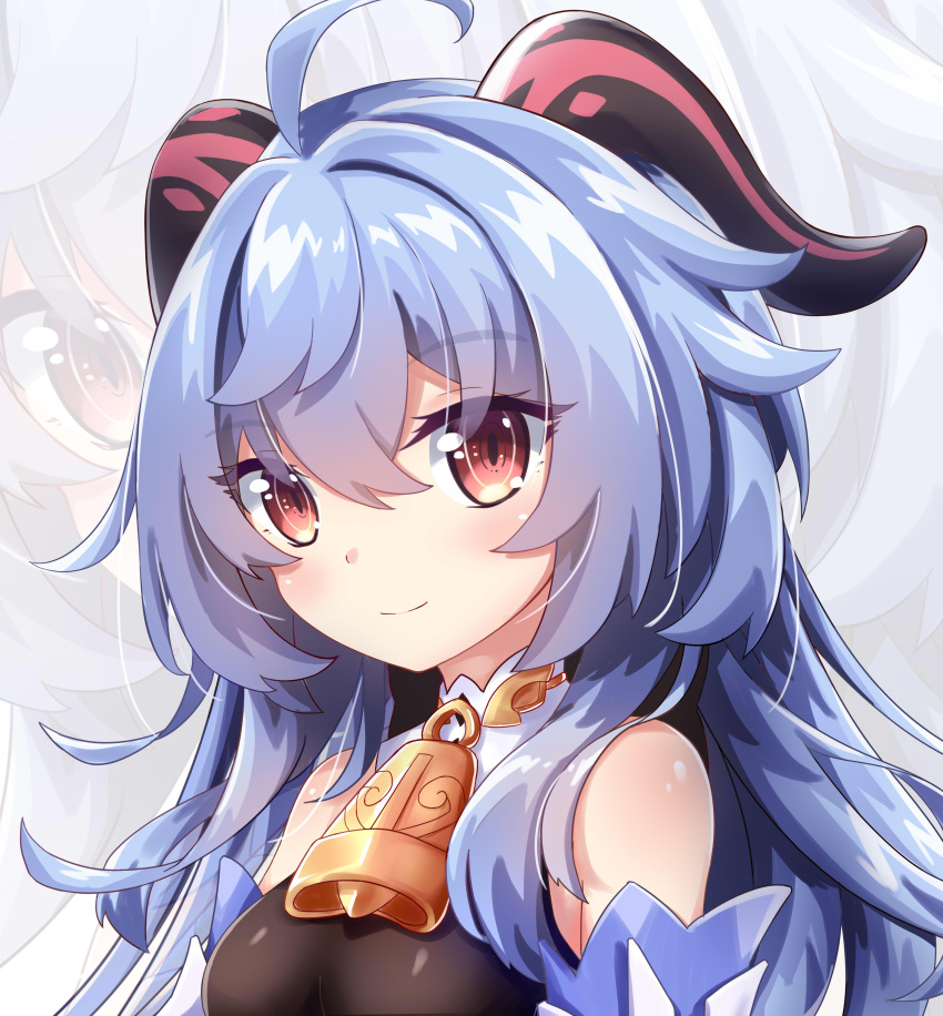 1girl absurdres bangs bell blue_hair commentary_request detached_sleeves eyebrows_visible_through_hair eyes_visible_through_hair ganyu_(genshin_impact) genshin_impact hair_down highres horns long_hair looking_at_viewer neck_bell orange_eyes sidelocks smile solo zaochen_de_shizi zoom_layer