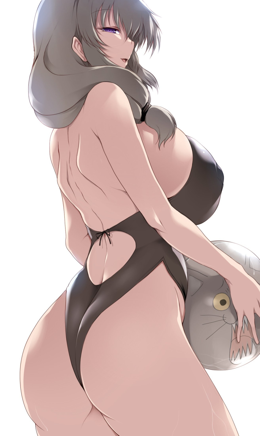 1girl ass back_cutout ball bare_shoulders beachball breasts clothing_cutout commentary_request covered_nipples from_below hair_over_shoulder highres large_breasts long_hair looking_to_the_side low-tied_long_hair original sideboob silver_hair swimsuit thighs tsukasawa_takamatsu violet_eyes white_background