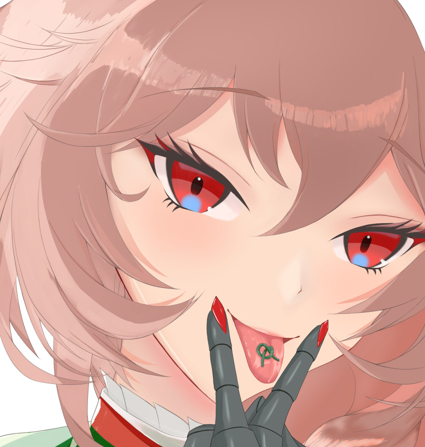 1girl absurdres azur_lane duca_degli_abruzzi_(azur_lane) eyebrows_visible_through_hair highres light_brown_hair long_hair looking_at_viewer mechanical_arms misoni_(kenisbyakusiki) portrait red_eyes simple_background single_mechanical_arm solo tongue tongue_out white_background
