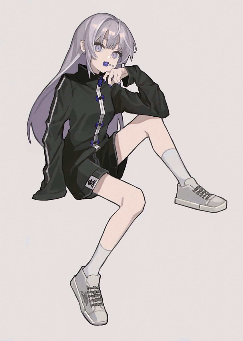1girl black_coat candy coat commentary earrings elbow_on_knee food food_in_mouth full_body grey_background hand_up highres jewelry knee_up lollipop long_hair long_sleeves looking_at_viewer nail_polish original purple_nails shoes silver_hair simple_background sitting sleeves_past_fingers sleeves_past_wrists sneakers socks solo violet_eyes white_footwear white_legwear zumochi
