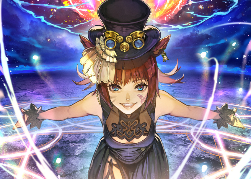 1girl animal_ears bangs black_mage blue_eyes breasts brown_hair cat_ears cleavage_cutout clothing_cutout cowboy_shot dress earrings facial_mark final_fantasy final_fantasy_xiv gloves hat hide_(hideout) jewelry leaning_forward magic_circle medium_breasts meteor miqo'te mole mole_under_eye side_slit sleeveless sleeveless_dress smile solo top_hat whisker_markings