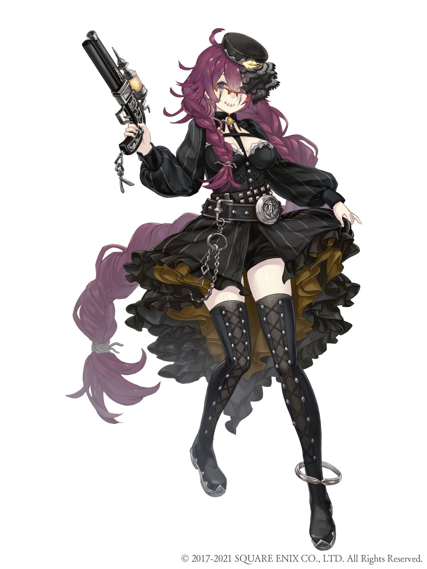 1girl absurdres ahoge anklet asymmetrical_hair belt black_dress blue_eyes boots braid breasts chain clothes_lift dorothy_(sinoalice) dress dress_lift frilled_dress frills full_body gun handgun hat highres holding holding_gun holding_weapon jewelry ji_no large_breasts long_hair looking_at_viewer makeup messy_hair official_art purple_hair sinoalice solo square_enix thigh-highs thigh_boots twin_braids very_long_hair weapon white_background