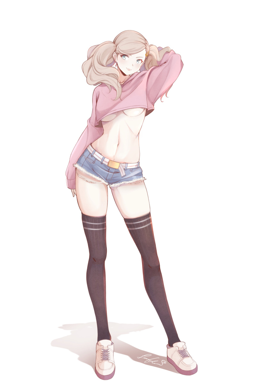 1girl absurdres arm_up bangs blonde_hair breasts commission full_body highres legs lips looking_at_viewer medium_breasts persona persona_5 senacolada shoes short_shorts shorts sneakers solo standing stomach swept_bangs takamaki_anne thigh-highs twintails under_boob white_background white_footwear
