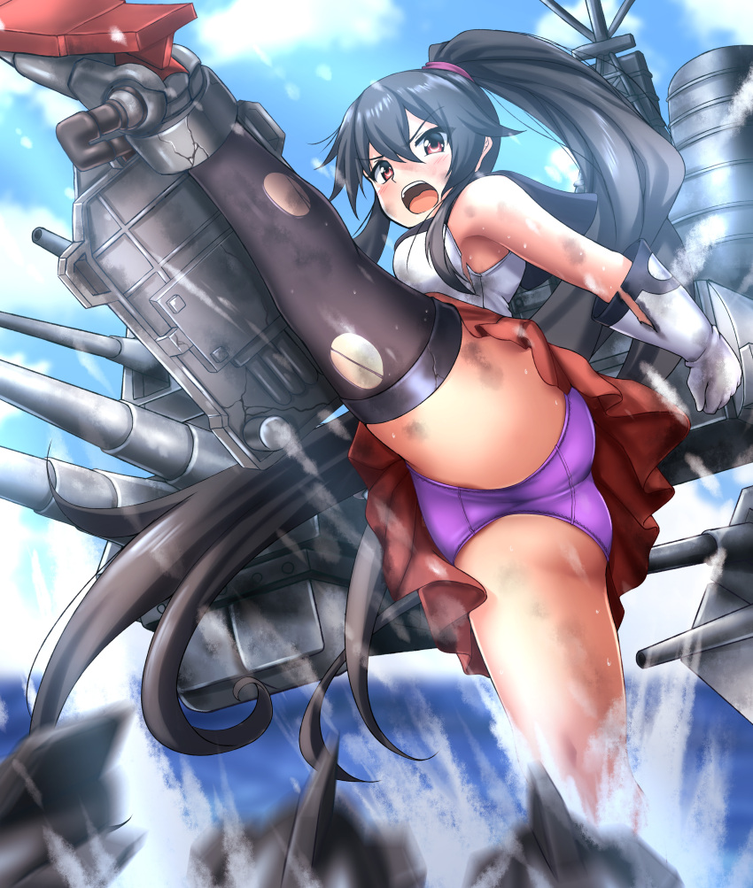 1girl absurdres asymmetrical_legwear black_hair black_sailor_collar cannon garter_straps gloves high_kick highres kantai_collection kicking long_hair looking_at_viewer machinery midriff open_mouth panties pantyshot pleated_skirt ponytail purple_panties red_eyes red_skirt sailor_collar school_uniform scrunchie serafuku sidelocks single_thighhigh skirt smokestack solo thigh-highs torn_clothes turret underwear upper_teeth white_gloves yahagi_(kancolle) zanntetu