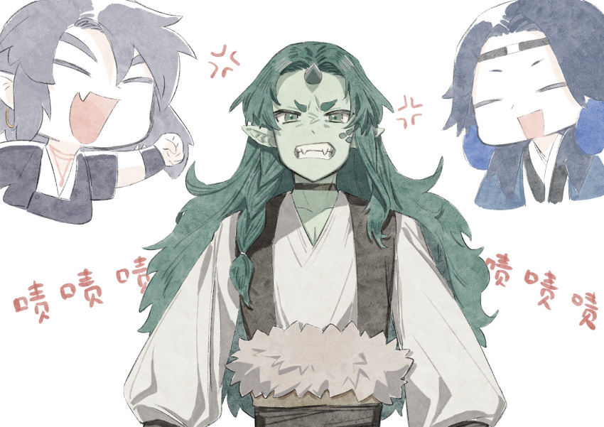 2boys braid choker closed_eyes colored_skin diting_(the_legend_of_luoxiaohei) gihuta_hiroshi green_eyes green_hair green_skin highres horns lanxi_zhen laojun_(the_legend_of_luoxiaohei) long_hair looking_at_viewer multiple_boys open_mouth pointy_ears shadow single_horn smile solo_focus the_legend_of_luo_xiaohei upper_body xuan_li_(the_legend_of_luoxiaohei)