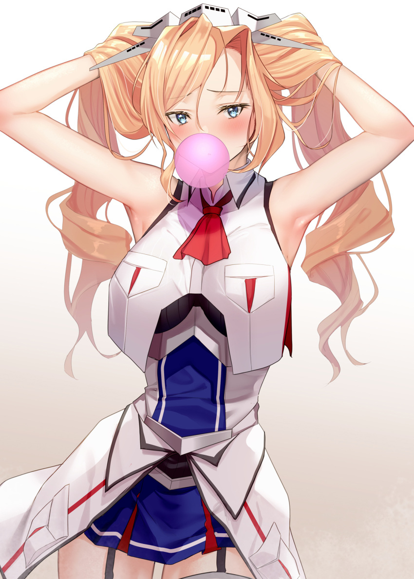 1girl arms_up bangs blonde_hair blue_eyes blush breast_pocket breasts bubble_blowing chewing_gum drill_hair garter_straps gradient gradient_background hair_between_eyes hands_in_hair headgear highres honolulu_(kancolle) kantai_collection large_breasts long_hair pallad pocket red_neckwear simple_background sleeveless solo twin_drills
