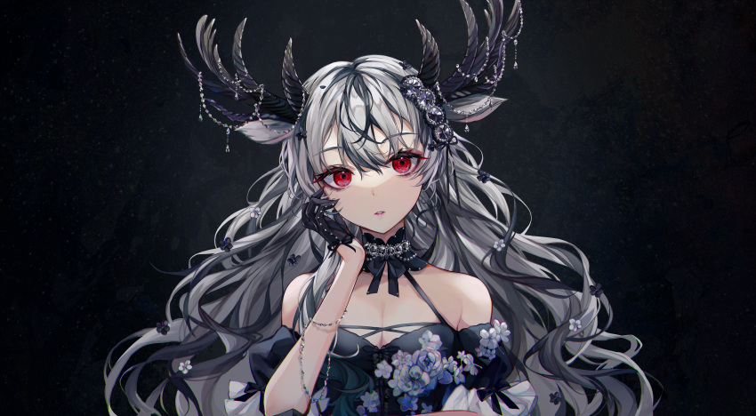 1girl absurdres animal_ears bangs bare_shoulders black_dress breasts commentary_request dress eyebrows_visible_through_hair highres horns huge_filesize long_hair looking_at_viewer mishasimarina0130 multiple_horns off-shoulder_dress off_shoulder original red_eyes short_sleeves silver_hair solo upper_body