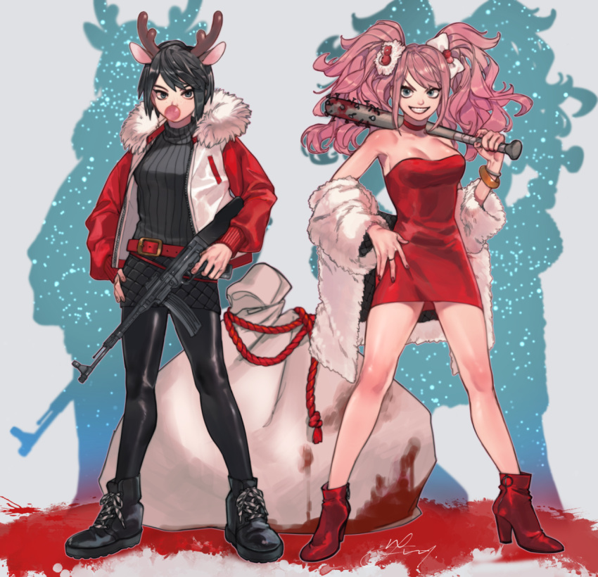 2girls alternate_costume ankle_boots antlers bangs bare_shoulders baseball_bat bear_hair_ornament belt black_footwear black_hair black_legwear black_skirt black_sweater blood blue_eyes boots bow breasts brown_hair chewing_gum choker dangan_ronpa:_trigger_happy_havoc dangan_ronpa_(series) dress english_commentary enoshima_junko full_body fur_trim grin gun hair_bow hair_ornament hand_on_hip high_heel_boots high_heels highres holding ikusaba_mukuro jacket jewelry long_hair long_sleeves looking_at_viewer medium_breasts multiple_girls nail_polish open_mouth pantyhose pink_hair red_belt red_dress red_jacket red_nails rei_(tdn_ng) reindeer_antlers ring shoes short_hair siblings sisters skirt smile standing strapless strapless_dress sweater twintails weapon white_jacket