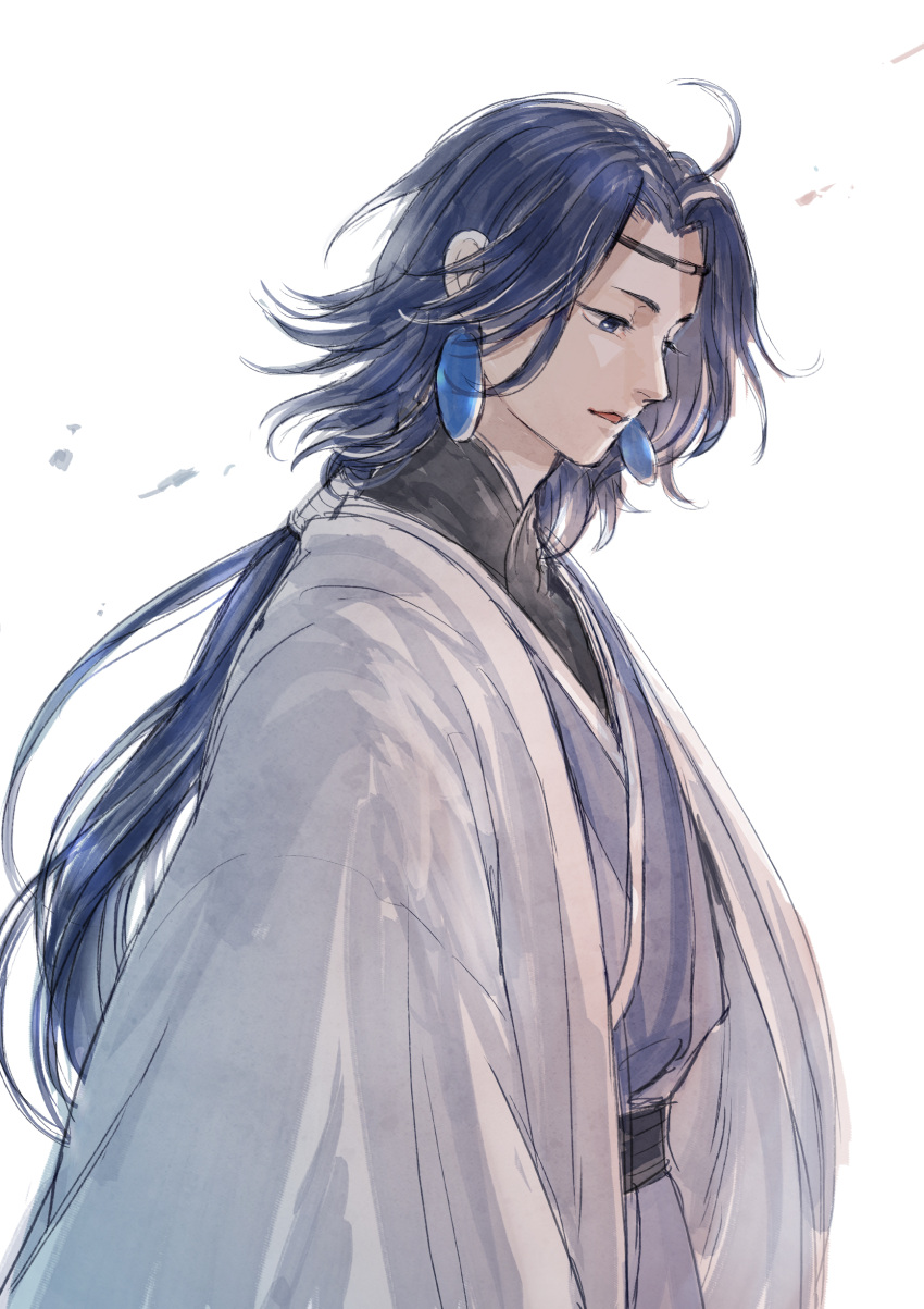 1boy absurdres blue_hair earrings highres jewelry lanxi_zhen laojun_(the_legend_of_luoxiaohei) long_hair micho parted_lips profile robe simple_background solo the_legend_of_luo_xiaohei white_background