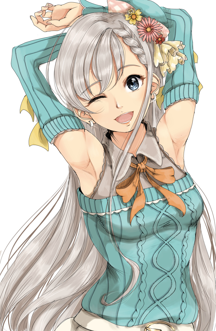 1girl absurdres armpits arms_up braid braided_bangs detached_sleeves eyebrows_visible_through_hair flower gatsby_ssl grey_hair hair_flower hair_ornament highres hisakawa_hayate idolmaster idolmaster_cinderella_girls idolmaster_cinderella_girls_starlight_stage long_hair looking_at_viewer one_eye_closed open_mouth simple_background smile solo white_background