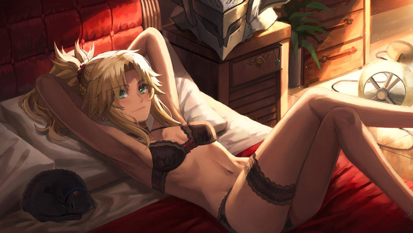 1girl armpits arms_behind_head arms_up bangs bare_shoulders black_bra black_legwear blonde_hair bra braid breasts cat collarbone crossed_legs fate/apocrypha fate_(series) french_braid green_eyes hair_ornament hair_scrunchie long_hair looking_at_viewer lying mordred_(fate) mordred_(fate)_(all) navel on_back parted_bangs ponytail scrunchie sidelocks small_breasts smile thigh-highs thighs tonee underwear
