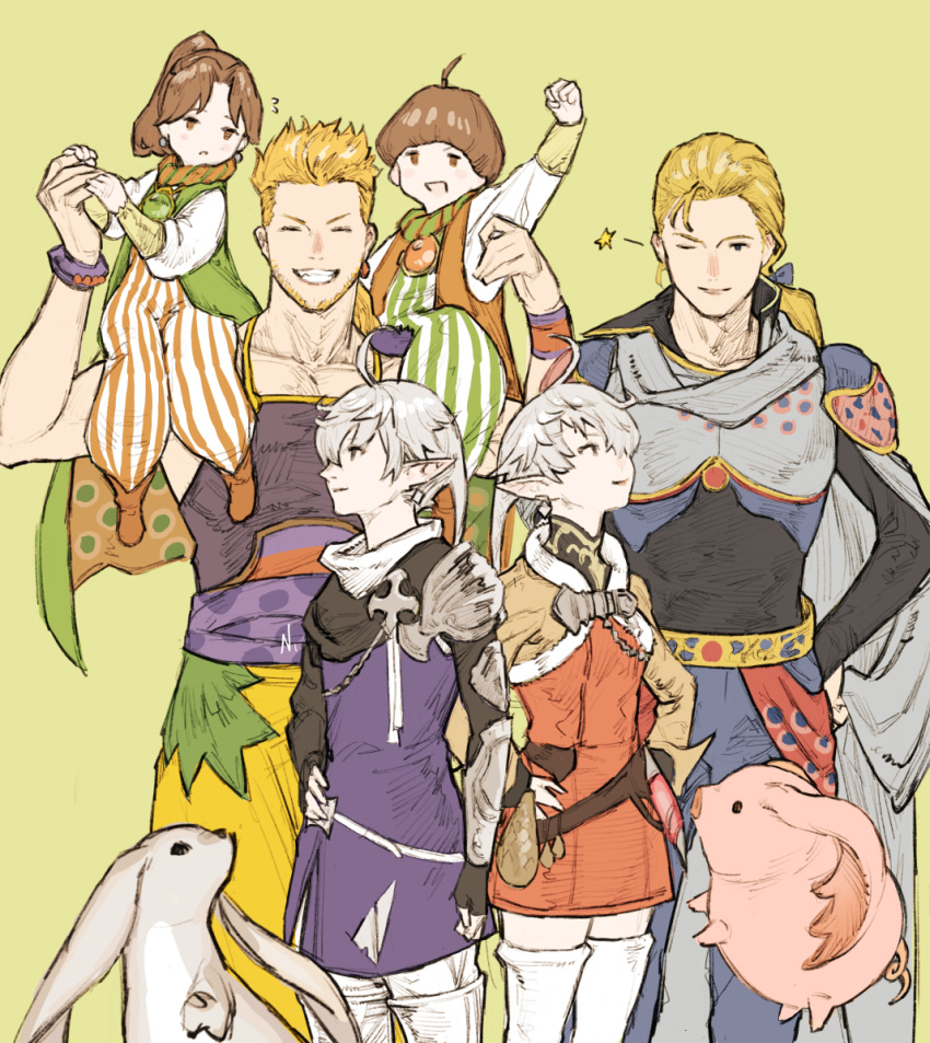 2girls 4boys ahoge alisaie_leveilleur alphinaud_leveilleur angelo_(ff14) beard blonde_hair brother_and_sister brothers brown_hair carbuncle_(final_fantasy) carrying edgar_roni_figaro facial_hair final_fantasy final_fantasy_iv final_fantasy_vi final_fantasy_xiv hand_on_hip looking_at_another mash_rene_figaro multiple_boys multiple_girls n122425 one_eye_closed palom pointy_ears ponytail porom shoulder_carry siblings silver_hair smile standing striped twins vertical_stripes