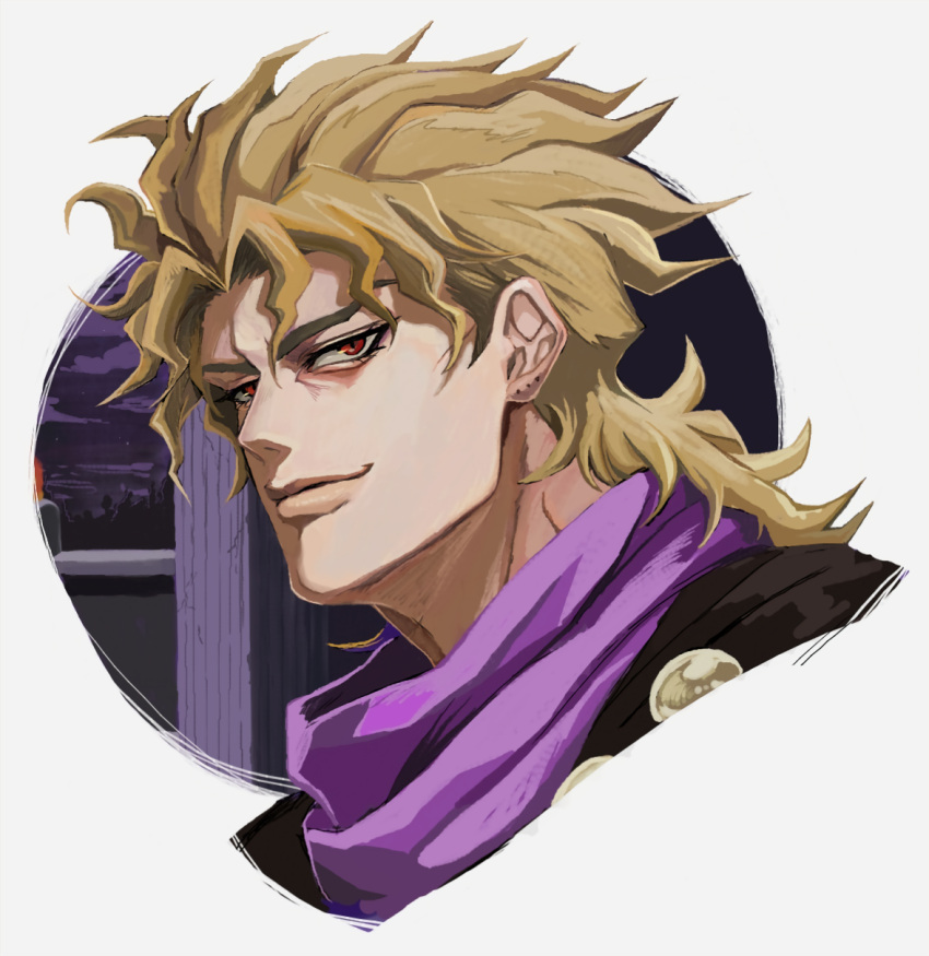 1boy blonde_hair dio_brando highres hospital_0434 jojo_no_kimyou_na_bouken phantom_blood purple_scarf red_eyes scarf solo vampire white_background