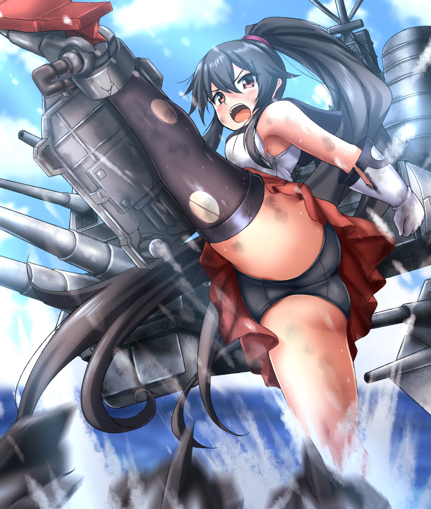 1girl absurdres asymmetrical_legwear black_hair black_panties black_sailor_collar cannon commentary_request garter_straps gloves high_kick highres kantai_collection kicking long_hair looking_at_viewer machinery midriff open_mouth panties pantyshot pleated_skirt ponytail red_eyes red_skirt sailor_collar school_uniform scrunchie serafuku sidelocks single_thighhigh skirt smokestack solo thigh-highs torn_clothes turret underwear upper_teeth white_gloves yahagi_(kancolle) zanntetu