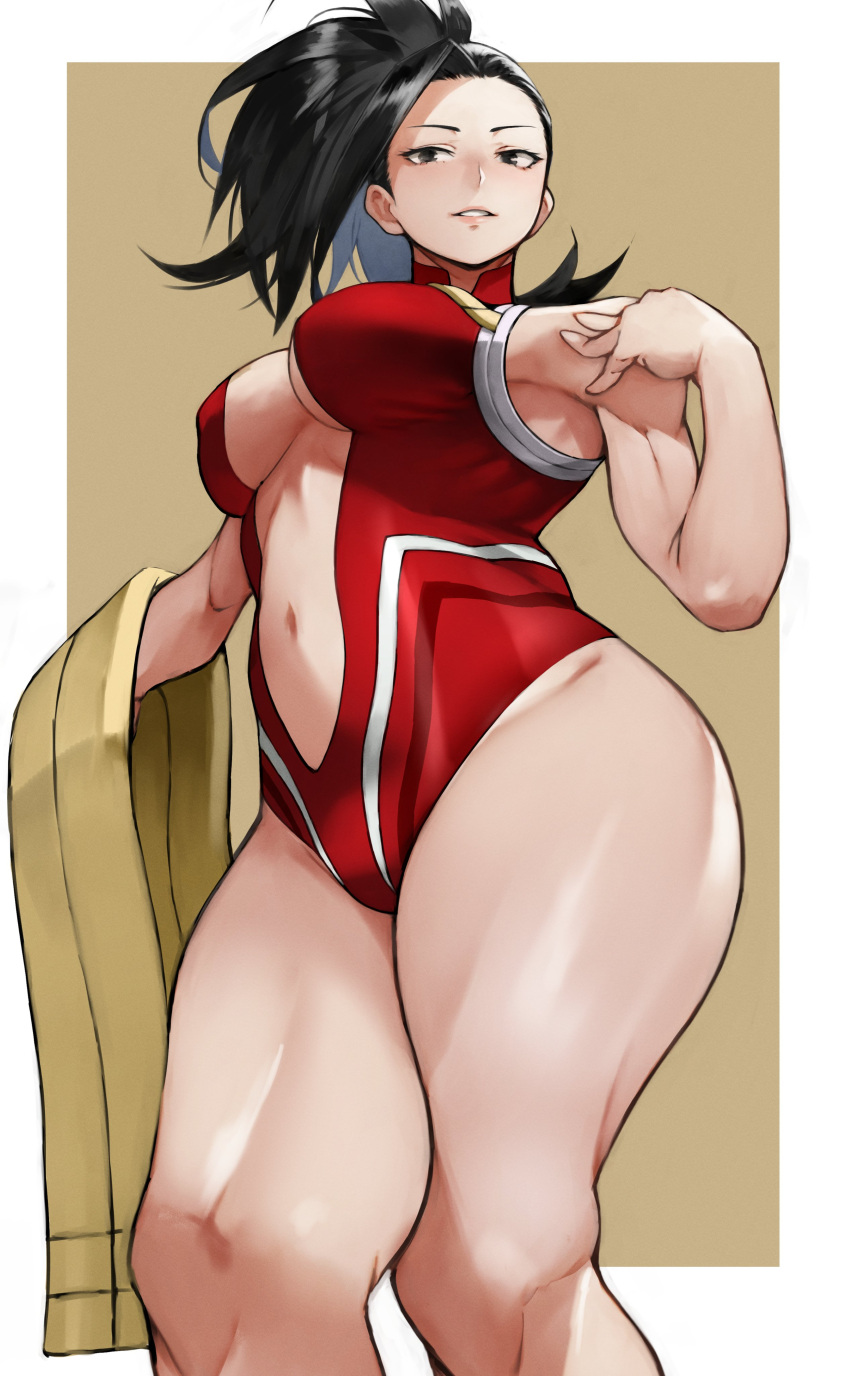 1girl absurdres bangs black_eyes black_hair boku_no_hero_academia breasts highres large_breasts long_hair looking_at_viewer ponytail smile solo thighs yaoyorozu_momo yoshio_(55level)