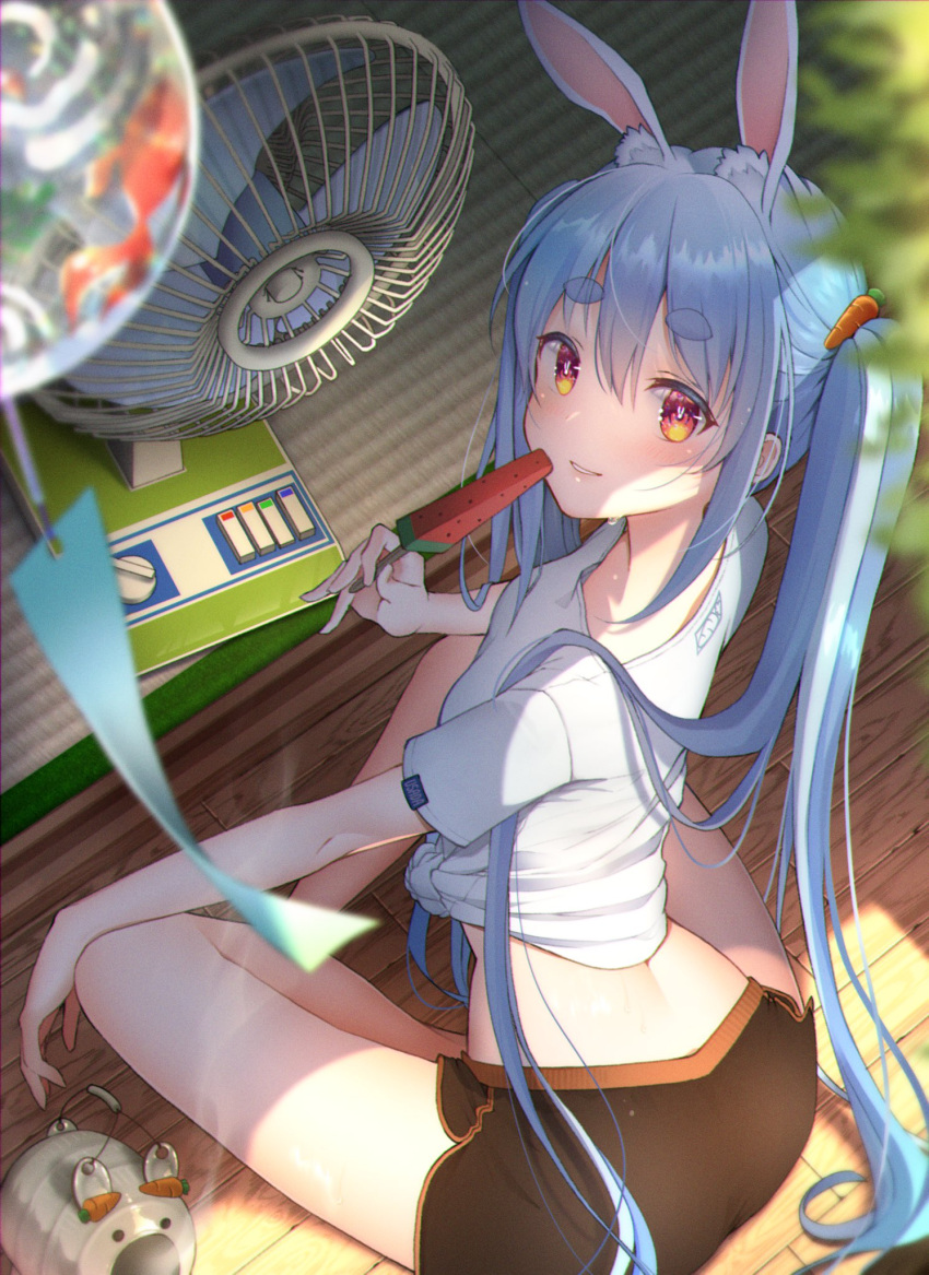 1girl :d animal_ears bangs bare_legs black_shorts blue_hair blush breasts byoko_(byokoramen) carrot_hair_ornament eyebrows_visible_through_hair fan food food-themed_hair_ornament from_above hair_between_eyes hair_ornament highres hololive long_hair looking_at_viewer looking_back multicolored_hair noise open_mouth orange_eyes outdoors popsicle rabbit_ears shirt short_shorts shorts sitting small_breasts smile solo thick_eyebrows twintails two-tone_hair usada_pekora very_long_hair virtual_youtuber white_shirt wooden_floor