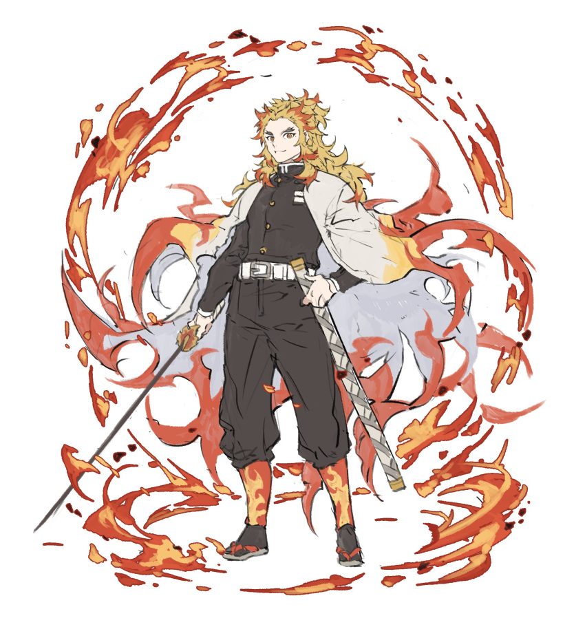 1boy bangs belt blonde_hair cape closed_mouth fire highres holding holding_sword holding_weapon katana kimetsu_no_yaiba long_hair long_sleeves male_focus multicolored_hair papajay_(jennygin2) redhead rengoku_kyoujurou sheath simple_background solo standing sword weapon white_background white_belt white_cape