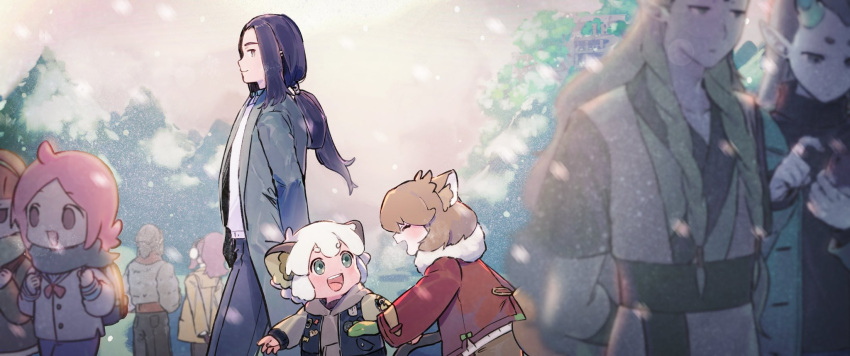 4boys 4girls animal_ears backpack bag black_hair blush braid brown_hair cat_boy cat_ears closed_eyes diting_(the_legend_of_luoxiaohei) earmuffs fox_ears fox_girl gihuta_hiroshi green_hair highres holding holding_phone horns long_hair long_sleeves luoxiaobai luoxiaohei luozhu_(the_legend_of_luoxiaohei) medium_hair multiple_boys multiple_girls orange_hair phone pink_hair pointy_ears profile purple_hair ruoshui_(the_legend_of_luoxiaohei) scarf shanxin_(the_legend_of_luoxiaohei) short_sleeves smile snow the_legend_of_luo_xiaohei twin_braids white_hair winter_clothes wuxian_(the_legend_of_luoxiaohei) xuhuai_(the_legend_of_luoxiaohei) zi_luolan_(the_legend_of_luoxiaohei)