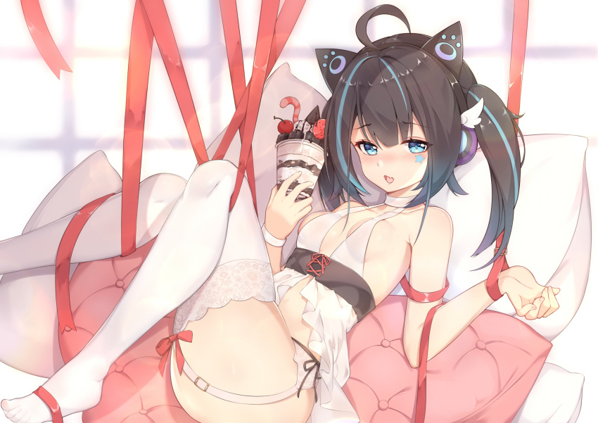 1girl absurdres ahoge animal_ears ass axent_wear babydoll bare_arms bare_shoulders black_hair blue_eyes breasts cat_ear_headphones cup drinking_glass fake_animal_ears garter_belt halterneck headphones highres holding indie_virtual_youtuber kuroida legs_up lingerie long_hair looking_at_viewer lying multicolored_hair no_shoes on_back open_mouth pillow reclining red_ribbon ribbon sai_xiaoyan see-through sheer_clothes small_breasts solo streaked_hair thigh-highs twintails underwear underwear_only virtual_youtuber white_legwear wristband