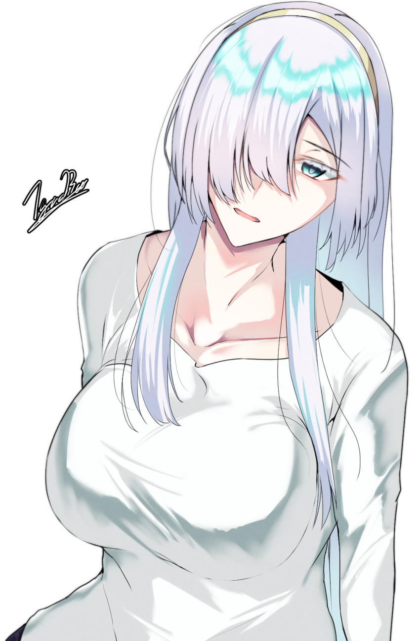1girl anastasia_(fate) artist_name bangs blue_eyes breasts collarbone eyebrows_visible_through_hair fate/grand_order fate_(series) hair_over_one_eye headband highres large_breasts long_bangs long_hair long_sleeves shirt signature simple_background solo tgxx3300 upper_body white_background white_hair white_shirt