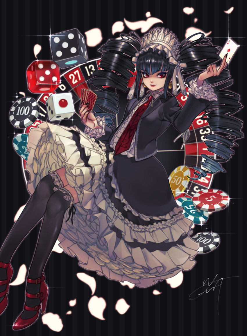 1girl bangs black_hair black_legwear black_nails bonnet card celestia_ludenberg collared_shirt commentary_request dangan_ronpa:_trigger_happy_havoc dangan_ronpa_(series) drill_hair frills gothic_lolita hairband highres holding jacket lolita_fashion lolita_hairband long_hair long_sleeves looking_at_viewer nail_polish necktie over-kneehighs playing_card red_eyes red_neckwear rei_(tdn_ng) shirt smile solo thigh-highs twin_drills twintails