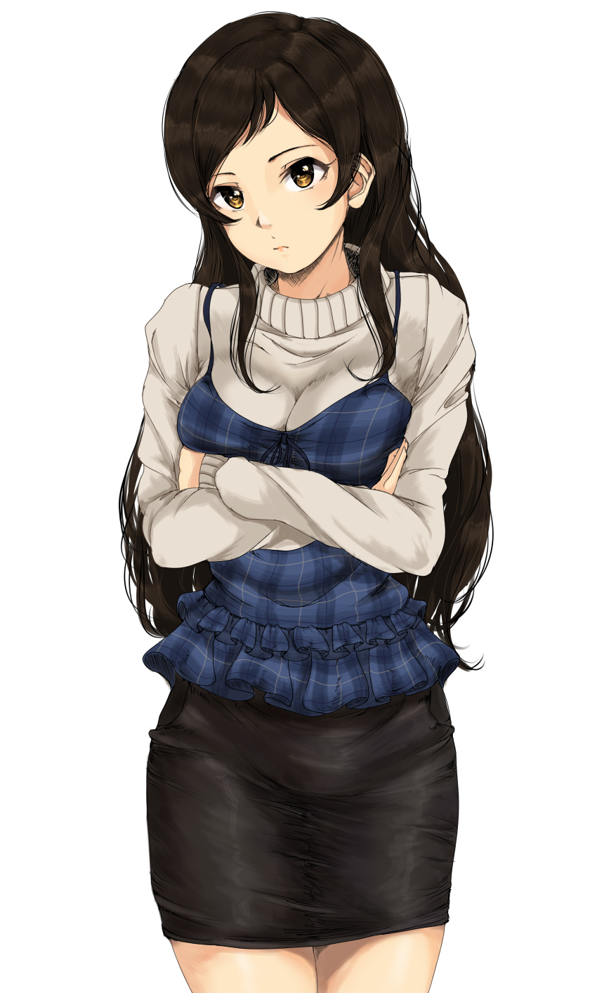 1girl absurdres cowboy_shot crossed_arms eyebrows_visible_through_hair gatsby_ssl highres idolmaster idolmaster_million_live! kitazawa_shiho looking_at_viewer pencil_skirt plaid simple_background skirt solo sweater turtleneck turtleneck_sweater white_background