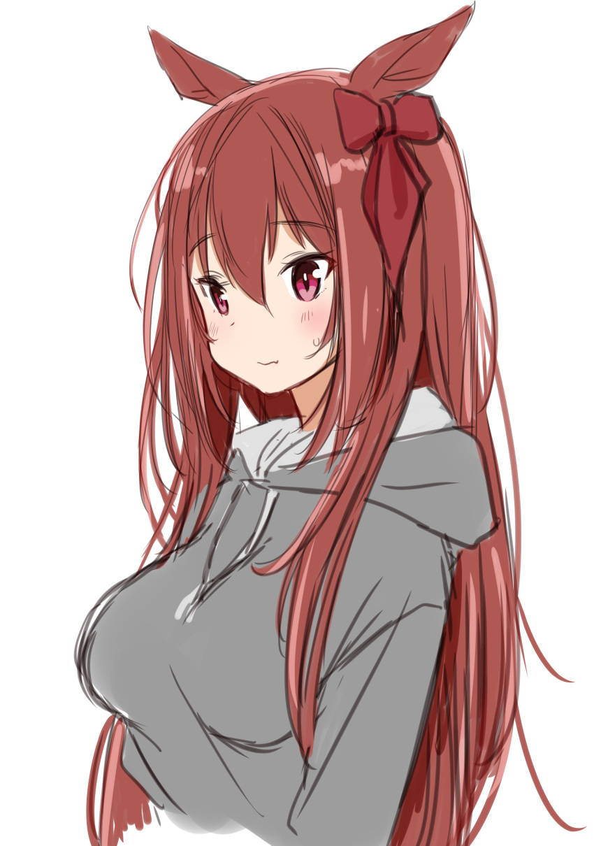 1girl absurdres bangs blush bow breasts brown_hair closed_mouth cropped_torso daiwa_scarlet_(umamusume) drawstring eyebrows_visible_through_hair fang fang_out grey_hoodie hair_between_eyes hair_bow highres hood hood_down hoodie long_hair medium_breasts red_bow red_eyes retsumaru simple_background solo sweat umamusume upper_body very_long_hair white_background