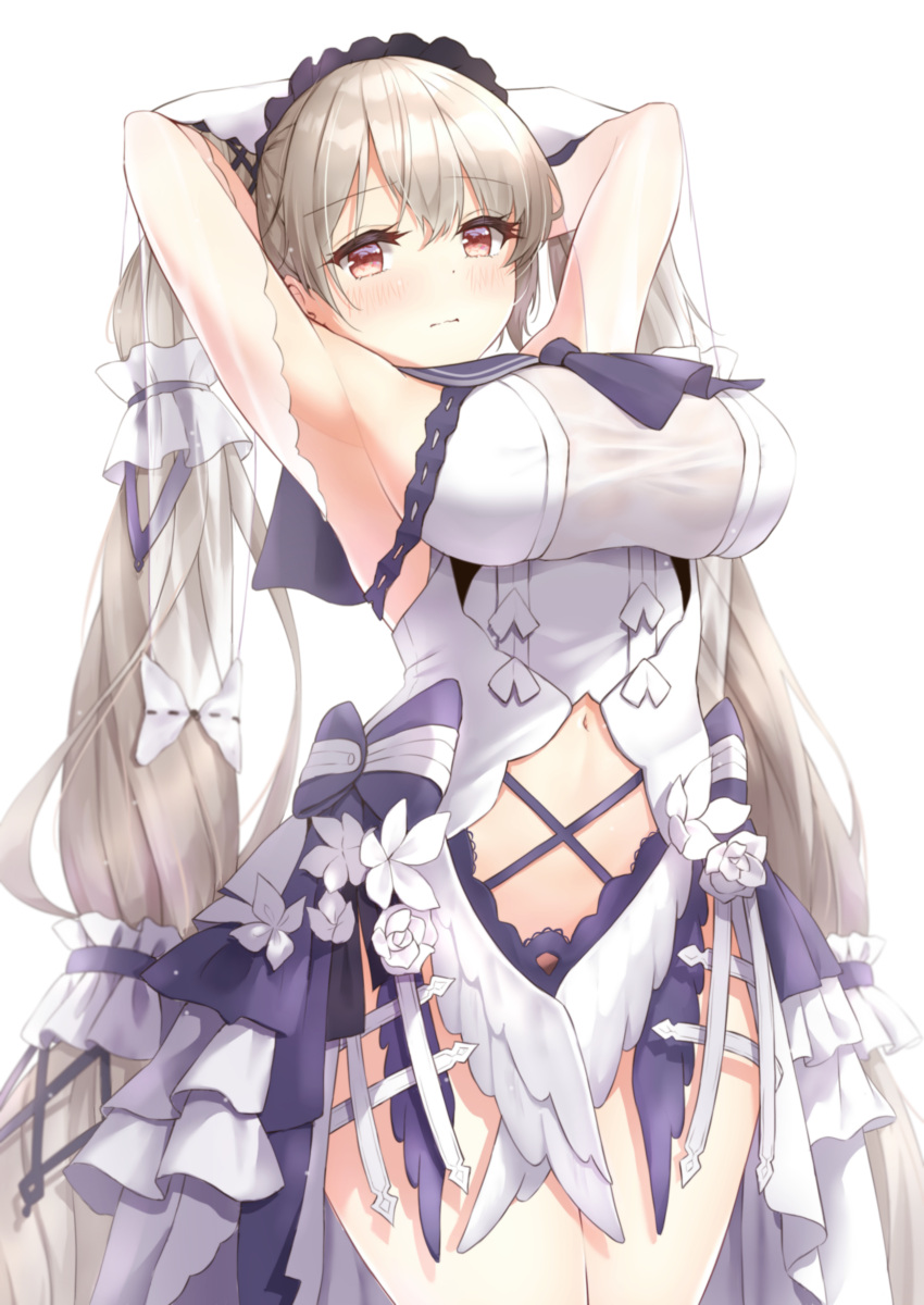 1girl absurdres armpits arms_behind_back arms_up azur_lane blush bow_dress breasts classic_(zildjian33) closed_mouth clothing_cutout dress embarrassed feather_dress formidable_(azur_lane) formidable_(timeless_classics)_(azur_lane) hair_tubes headdress highres large_breasts layered_dress light_brown_hair long_hair looking_at_viewer navel navel_cutout red_eyes short_dress simple_background solo solo_focus tied_hair twintails veil very_long_hair white_background white_dress