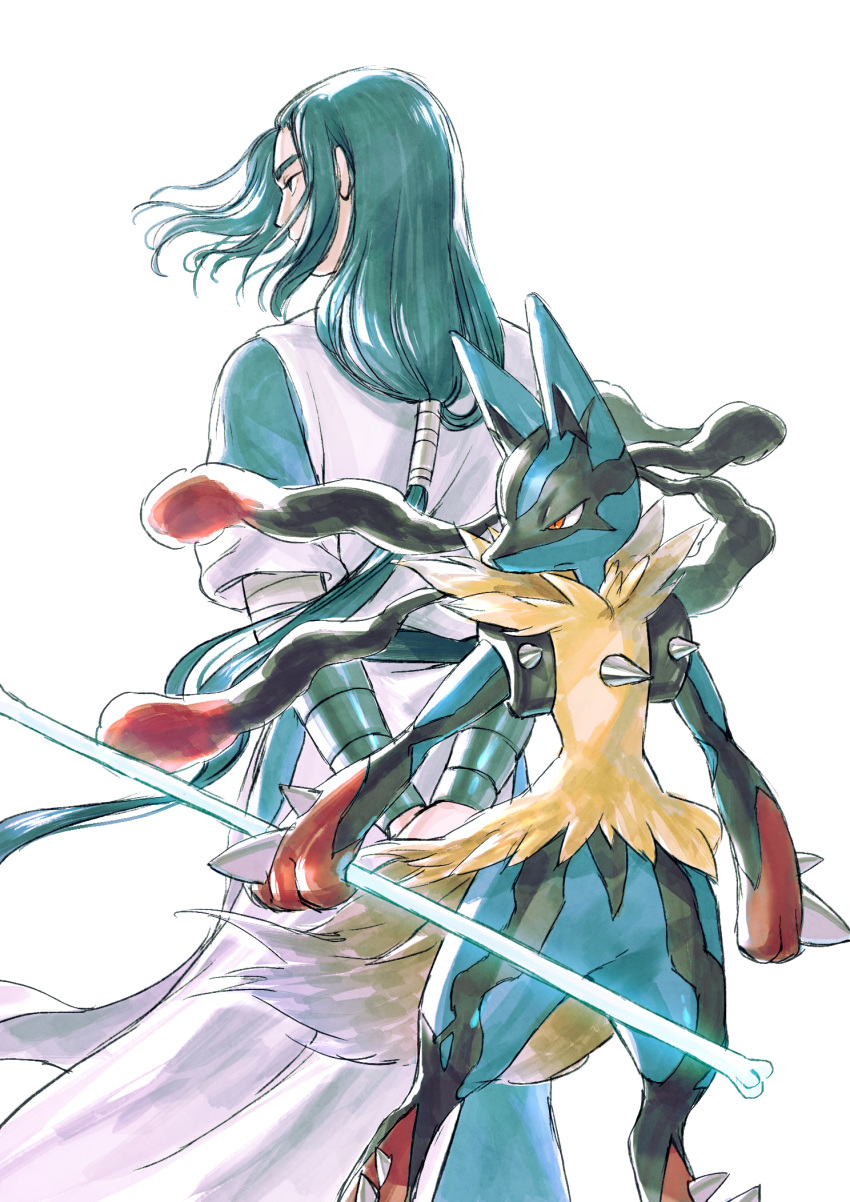 1boy arms_behind_back blue_hair from_behind gen_4_pokemon highres holding long_hair low-tied_long_hair lucario micho pokemon pokemon_(creature) profile short_sleeves simple_background the_legend_of_luo_xiaohei very_long_hair white_background wind wuxian_(the_legend_of_luoxiaohei)