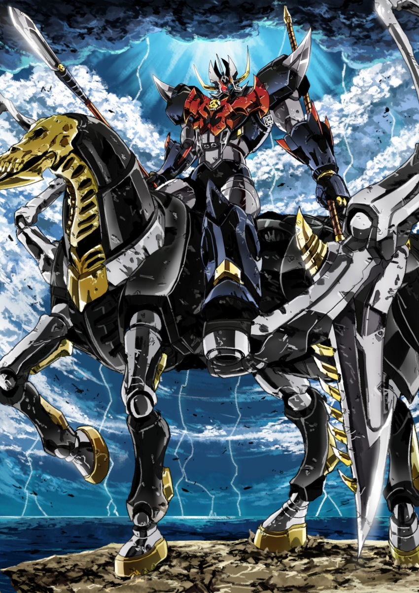 clouds cloudy_sky duplicate garimpeiro glowing glowing_eyes highres holding holding_spear holding_sword holding_weapon horse lightning mazinger_(series) mazinkaiser_skl mazinkaiser_skl_(mecha) mecha no_humans pixel-perfect_duplicate polearm red_eyes robot science_fiction sky spear super_robot sword weapon yellow_eyes