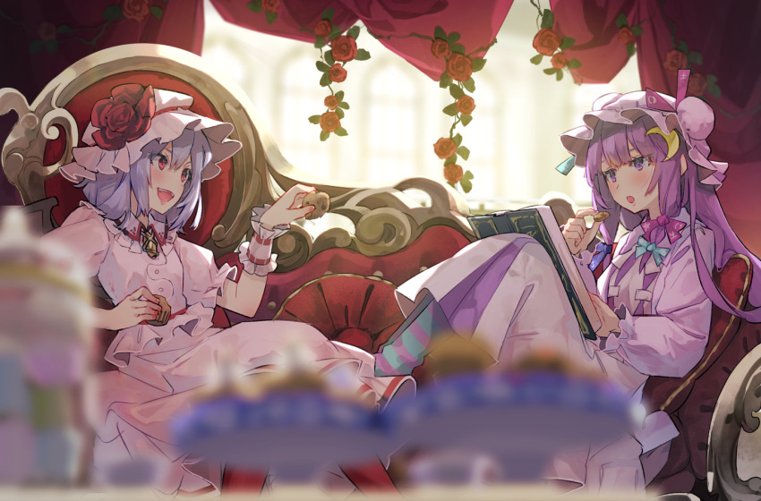 2girls :d :o blurry cookie crescent crescent_hair_ornament depth_of_field dress eating eye_contact flower food hair_ornament hat indoors long_hair looking_at_another mob_cap multiple_girls open_mouth patchouli_knowledge pink_dress purple_dress purple_hair red_eyes red_flower remilia_scarlet rose short_hair smile syuri22 touhou very_long_hair violet_eyes window