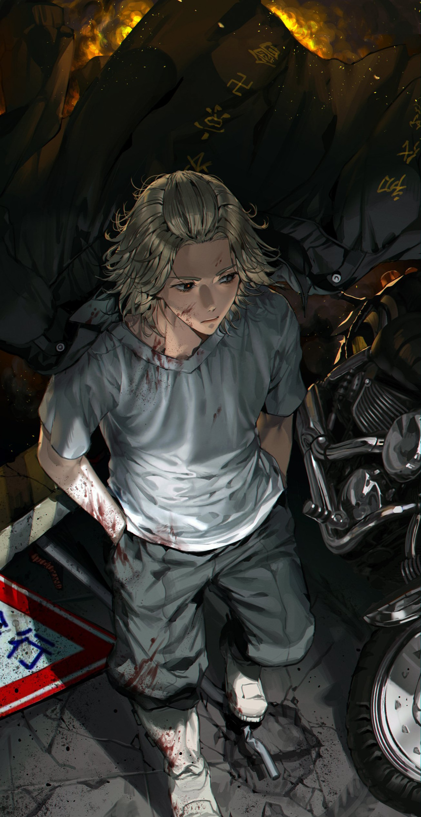 1boy absurdres black_coat black_eyes black_pants blonde_hair blood blood_on_face bloody_clothes boots closed_mouth coat coat_on_shoulders embers empty_eyes explosion forehead full_body grey_shirt ground_vehicle hands_in_pockets highres looking_away male_focus medium_hair motor_vehicle motorcycle pants sano_manjirou shirt solo tokyo_revengers white_footwear yanolja_okay