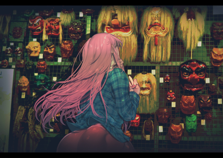 1girl absurdres bubble_skirt from_behind hand_gesture hand_on_own_face hata_no_kokoro highres long_hair long_sleeves mask mi_ri_000 nail_polish noh_mask oni_mask pink_nails plaid plaid_shirt shirt skirt solo tengu_mask touhou