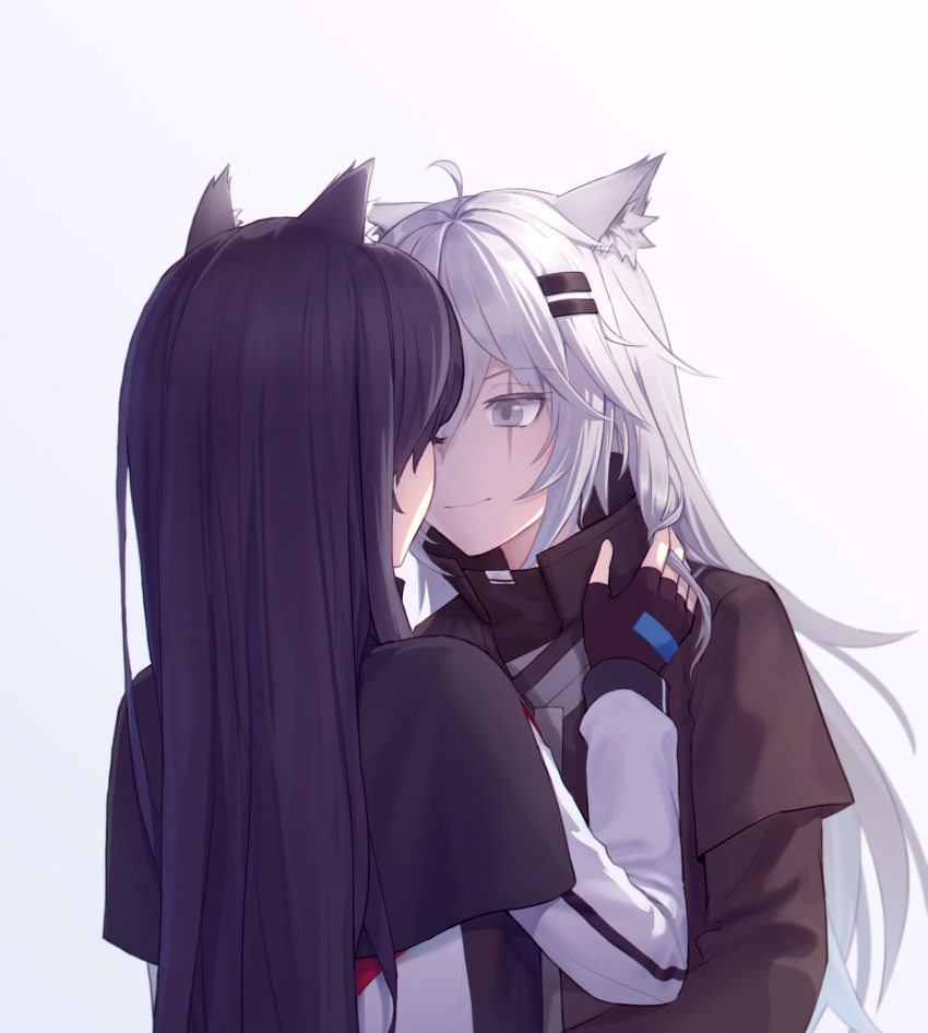 2girls animal_ears arknights black_gloves black_hair black_jacket fingerless_gloves gloves gomodo grey_hair hair_ornament hairclip highres holding_another's_hair jacket lappland_(arknights) long_hair looking_at_another messy_hair multiple_girls scar scar_across_eye shirt shorts smile tail texas_(arknights) white_background white_shirt wolf_ears wolf_girl yuri