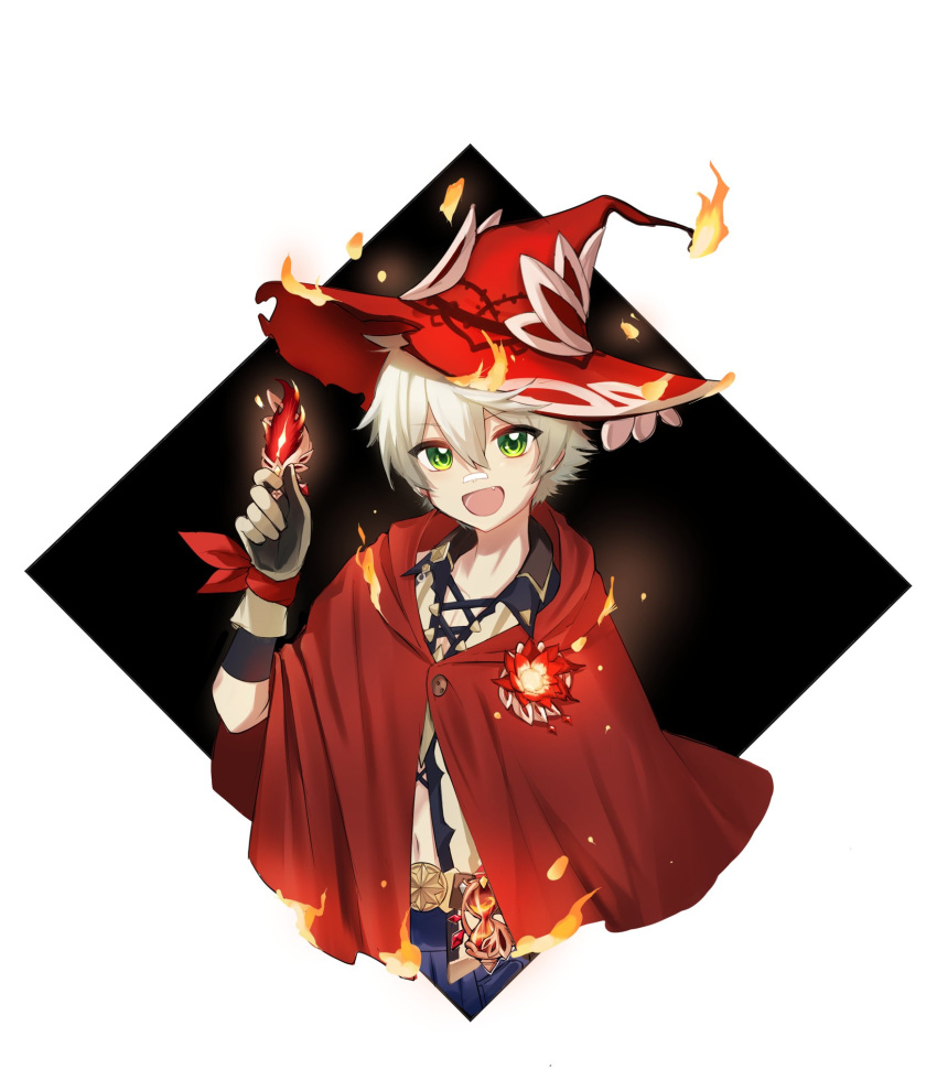 1boy bandaid bandaid_on_face bandaid_on_nose bangs bennett_(genshin_impact) collared_shirt english_commentary eyebrows_visible_through_hair fang feathers fire flame flower genshin_impact gloves green_eyes hair_between_eyes hat highres holding holding_feather hourglass male_focus midriff_peek navel open_mouth red_flower red_headwear shirt simple_background smile u_u_k_e_n white_background white_hair witch_hat