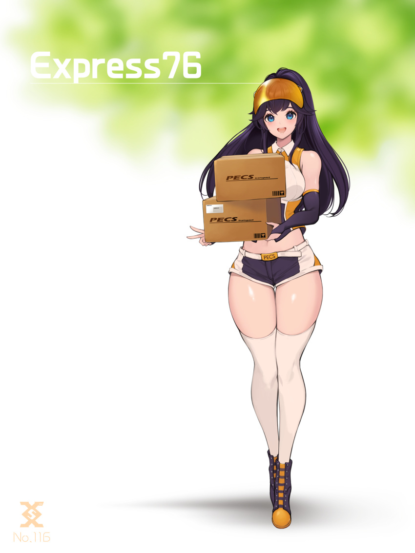 1girl bangs blue_eyes blush box cardboard_box character_name express_76 full_body highres last_origin long_hair micro_shorts open_mouth package purple_hair shorts smile solo thigh-highs toriseru_(thesuperhero) visor white_legwear wide_hips