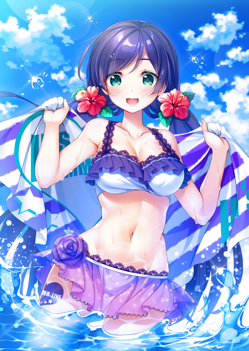 1girl aqua_eyes bangs bikini blue_sky breasts clouds cowboy_shot flower frilled_bikini frills hair_flower hair_ornament hibiscus highres large_breasts long_hair looking_at_viewer love_live! love_live!_school_idol_festival low_twintails navel open_mouth parted_bangs purple_hair round_teeth saikyo_pink_fp sarong scrunchie sky smile solo striped_towel sweat swept_bangs swimsuit teeth toujou_nozomi twintails upper_teeth wet white_bikini