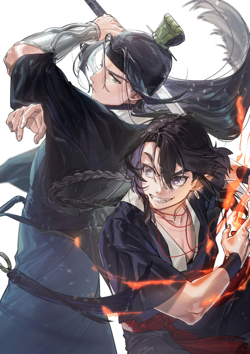 2boys arm_up black_hair braid braided_ponytail earrings fighting fire gihuta_hiroshi grey_eyes hair_between_eyes highres holding holding_sword holding_weapon jewelry lanxi_zhen multiple_boys parted_lips pointy_ears short_sleeves smile sword the_legend_of_luo_xiaohei upper_body weapon wuxian_(the_legend_of_luoxiaohei) xuan_li_(the_legend_of_luoxiaohei)