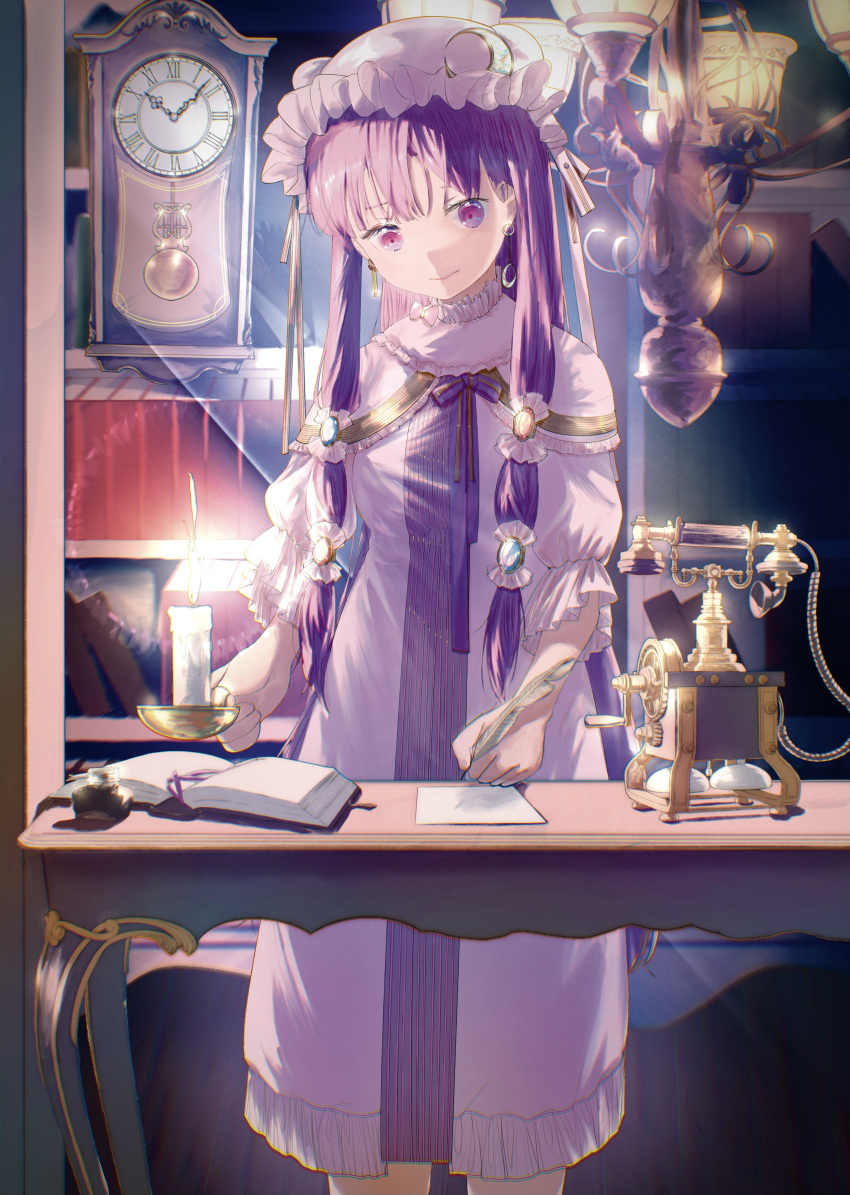 1girl absurdres book candle clock crescent crescent_hat_ornament dress earrings feet_out_of_frame flat_chest gold_trim hat hat_ornament highres jewelry long_hair mob_cap patchouli_knowledge phone purple_dress purple_hair quill sly930105 solo touhou very_long_hair violet_eyes writing