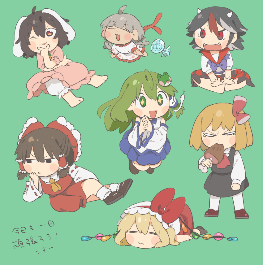 +_+ 6+girls animal_ears barefoot black_hair black_skirt black_vest blonde_hair bloomers blue_skirt blush_stickers boned_meat bow brown_hair carrot chibi citrus_(place) closed_eyes crystal detached_sleeves dress ebisu_eika fang fang_out fangs flandre_scarlet food full_body green_background green_eyes green_hair hair_bow hair_ornament hair_tubes hakurei_reimu hand_on_own_cheek hand_on_own_face hands_clasped hat hat_bow highres horns inaba_tewi jellyfish kijin_seija kochiya_sanae long_earlobes long_hair long_sleeves lying meat multicolored_hair multiple_girls on_stomach open_mouth own_hands_together pink_dress rabbit_ears red_bow red_eyes red_neckwear red_shirt red_skirt redhead rumia shirt shoes short_hair short_sleeves skirt smile snake_hair_ornament socks streaked_hair touhou underwear vest white_headwear white_legwear white_shirt wings yellow_neckwear