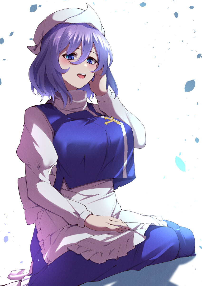 1girl :d absurdres apron blue_dress blue_eyes blush breasts dress dutch_angle foot_out_of_frame hair_between_eyes hand_on_own_cheek hand_on_own_face highres juliet_sleeves keenii_(kenny86) large_breasts letty_whiterock long_sleeves looking_at_viewer open_mouth petals puffy_sleeves purple_hair seiza short_hair simple_background sitting smile solo touhou waist_apron white_background
