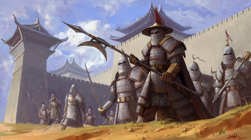 6+boys absurdres armor blue_sky brown_gloves castle chainmail clouds dated day gloves helmet highres holding holding_club holding_polearm holding_sword holding_weapon mount_&amp;_blade multiple_boys outdoors polearm sancliff sky spear standing sword warrior weapon