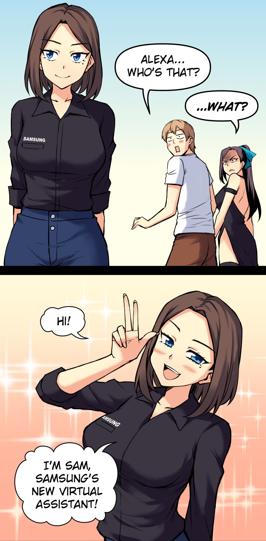 1boy 2girls absurdres alexa_(amazon) arm_garter black_dress black_hair black_legwear blue_eyes blue_pants blush breasts brown_hair closed_mouth collared_shirt copyright_name distracted_boyfriend_(meme) dress english_commentary english_text fingernails from_behind green_eyes high_ponytail highres long_hair looking_at_another looking_at_viewer looking_back looking_to_the_side medium_hair meme merryweather mole mole_under_eye multiple_girls original osiimi pants samsung samsung_sam shirt short_hair short_sleeves smile sparkle_background speech_bubble thigh-highs v white_background white_shirt