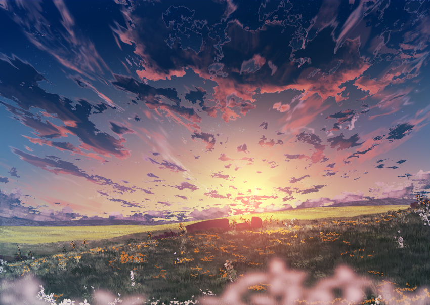 abisswalker8 blurry blurry_foreground clouds cloudy_sky commentary field flower grass highres horizon no_humans original outdoors plain rock scenery sky star_(sky) sunlight sunrise white_flower yellow_flower yellow_sky