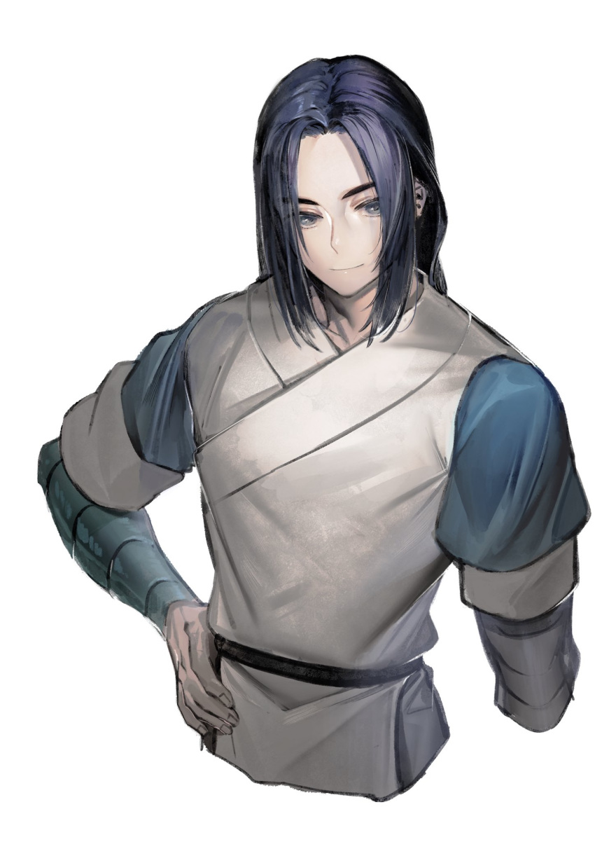 1boy black_hair cropped_torso gihuta_hiroshi grey_eyes hand_on_hip highres long_hair short_sleeves simple_background smile solo the_legend_of_luo_xiaohei white_background wuxian_(the_legend_of_luoxiaohei)