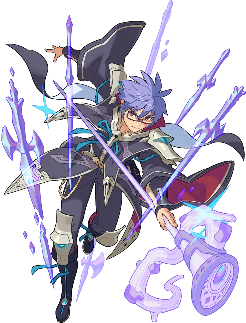 1boy amethyst_(gemstone) armor arms_up artist_request bangs belt black_cape black_coat black_pants blue_footwear book boots cape closed_mouth coat collared_shirt crystal floating floating_object floating_weapon full_body glasses glowing halberd highres holding holding_staff knee_boots knee_pads leg_up liam_(world_flipper) long_sleeves looking_at_viewer male_focus non-web_source official_art outstretched_arms pants pauldrons polearm pouch purple_hair red-framed_eyewear running running_towards_viewer semi-rimless_eyewear shiny shiny_hair shirt short_hair shoulder_armor sidelocks solo sparkle staff sword transparent transparent_background two-sided_cape two-sided_fabric v-shaped_eyebrows vambraces violet_eyes weapon wide_sleeves world_flipper yellow_shirt