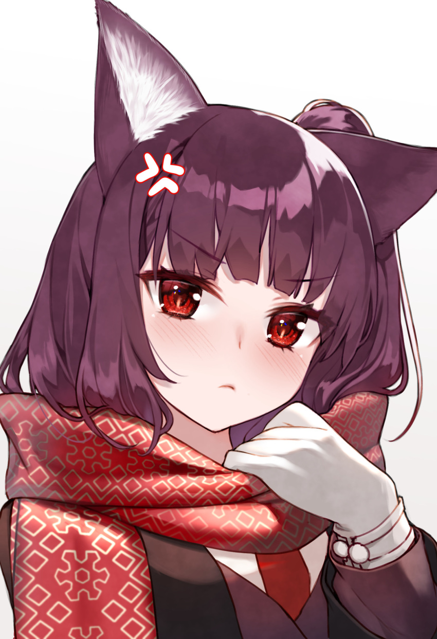 1girl animal_ears bangs blunt_bangs blush closed_mouth enpera eyebrows_visible_through_hair fox_ears gloves hand_up highres hoshi_usagi looking_at_viewer original purple_hair red_eyes red_scarf scarf simple_background solo white_background
