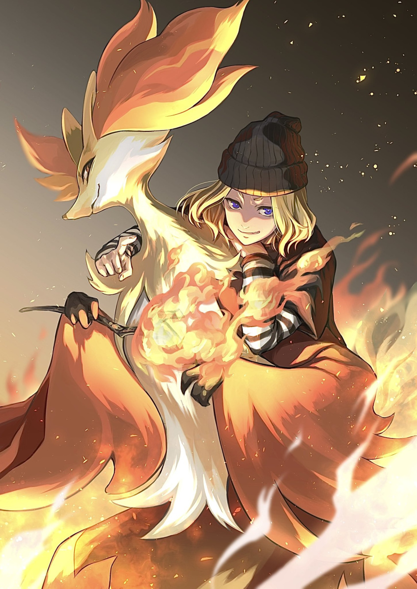 1boy a'he_(the_legend_of_luoxiaohei) beanie black_headwear blonde_hair blue_eyes branch delphox fire gen_6_pokemon gradient gradient_background hat highres looking_at_viewer medium_hair parted_lips pokemon satomune_s smile the_legend_of_luo_xiaohei