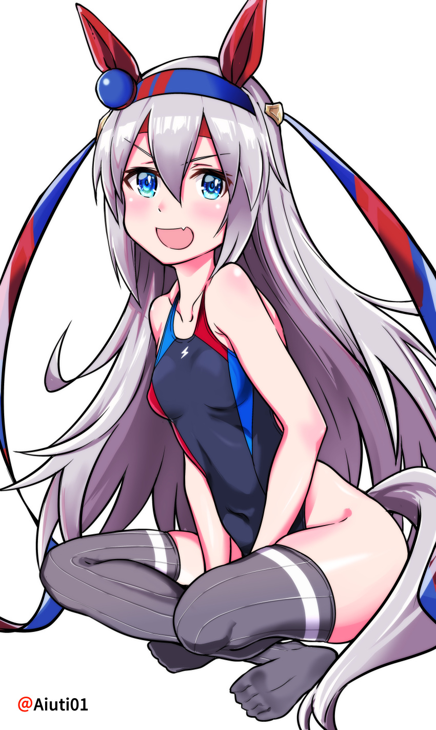 1girl absurdres ahoge aiuti animal_ears black_swimsuit blue_eyes competition_swimsuit ear_covers flat_chest full_body grey_legwear highres horse_ears horse_girl horse_tail indian_style long_hair looking_at_viewer one-piece_swimsuit silver_hair simple_background sitting smile solo swimsuit tail tamamo_cross_(umamusume) thigh-highs twitter_username umamusume white_background
